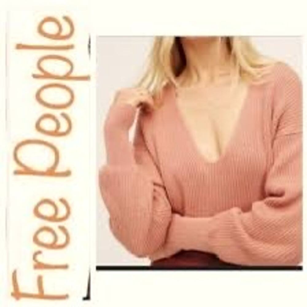 Free People Allure Ribbed V-Neck Pullover Sweater Pink Size L - Picture 2 of 6